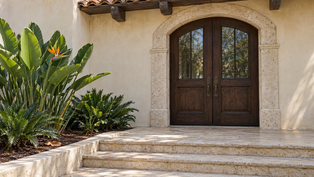 Cream stucco home entry with a limestone arch, paired cypress doors, worn stone steps, and bird-of-paradise planting.