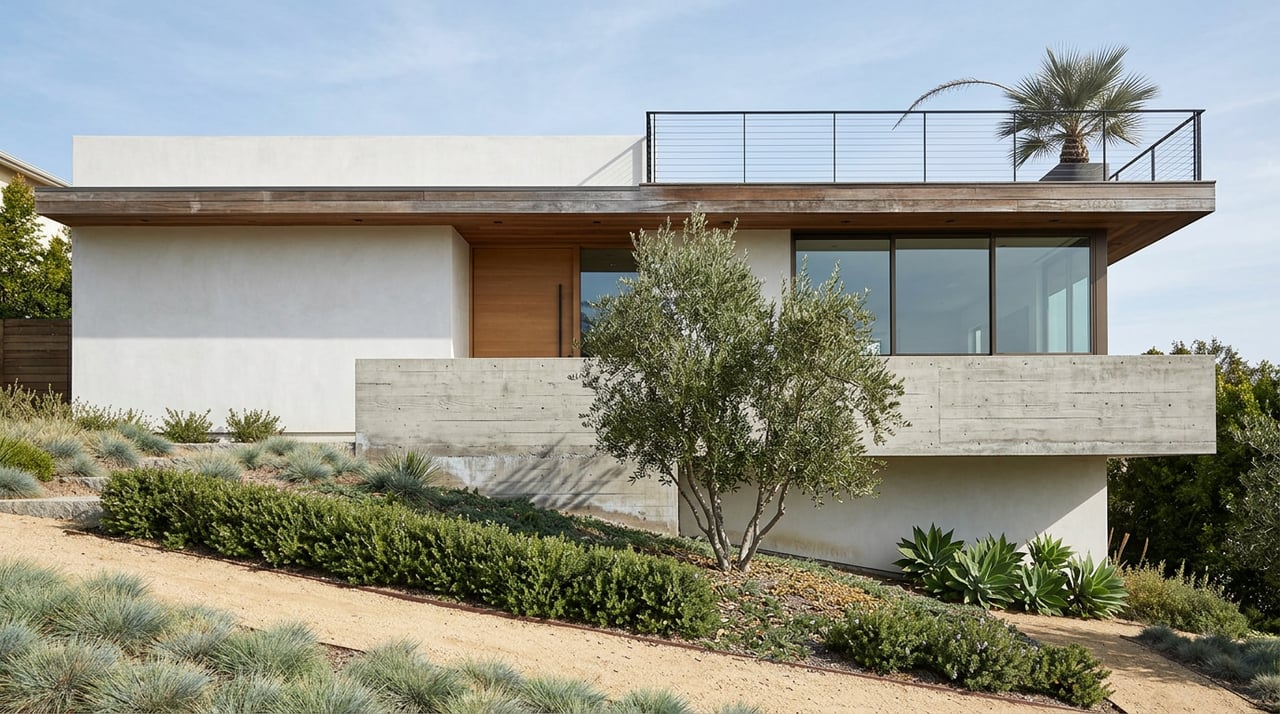 Raised modern home with white stucco, concrete retaining walls, oak entry door, and a terraced, planted slope.