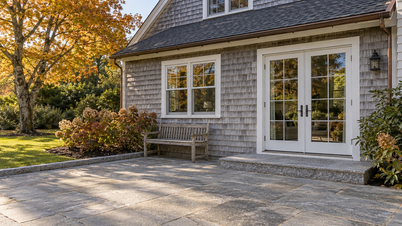 Silver-gray shingle home with glazed double doors, a granite garden terrace, weathered teak bench and autumn planting.