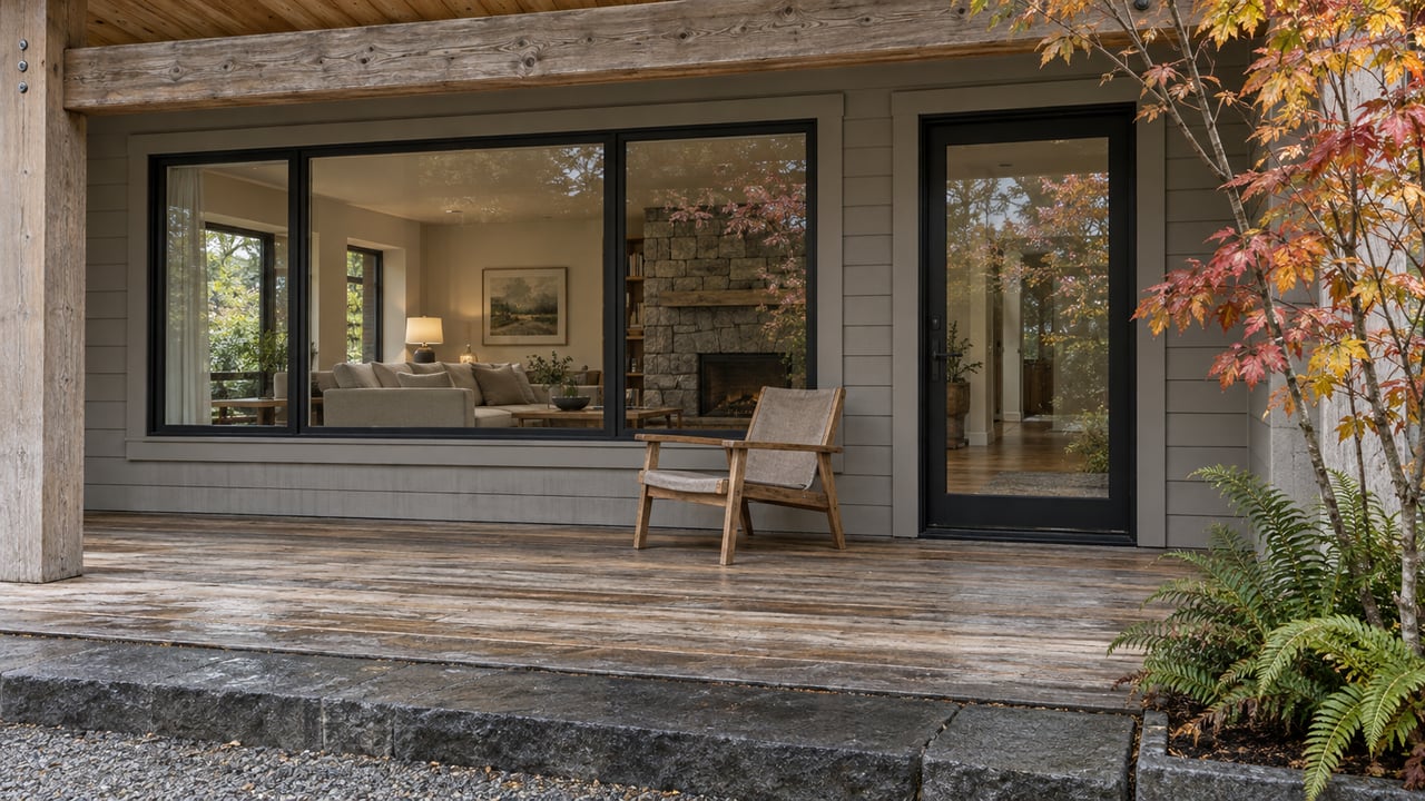 Weathered cedar porch with an oak chair, broad living-room window and autumn vine maple beside basalt steps.