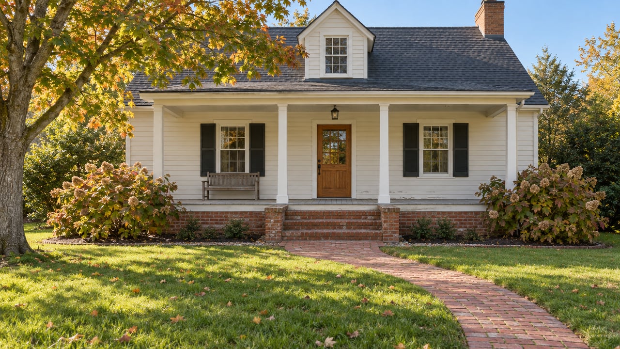 Cream clapboard cottage with a covered porch, brick front walk and broad lawn beneath a maple beginning to turn amber.
