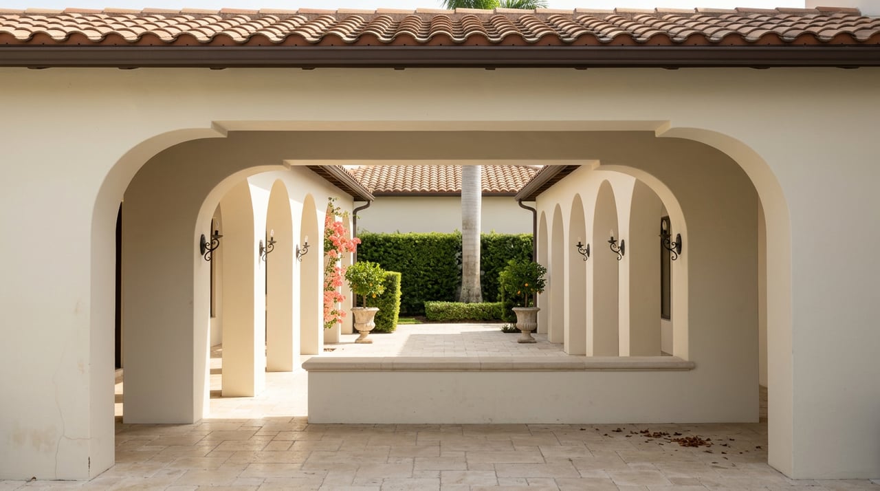 Cream stucco arches recede along a travertine loggia toward a courtyard with a palm, hedge, and pink bougainvillea.