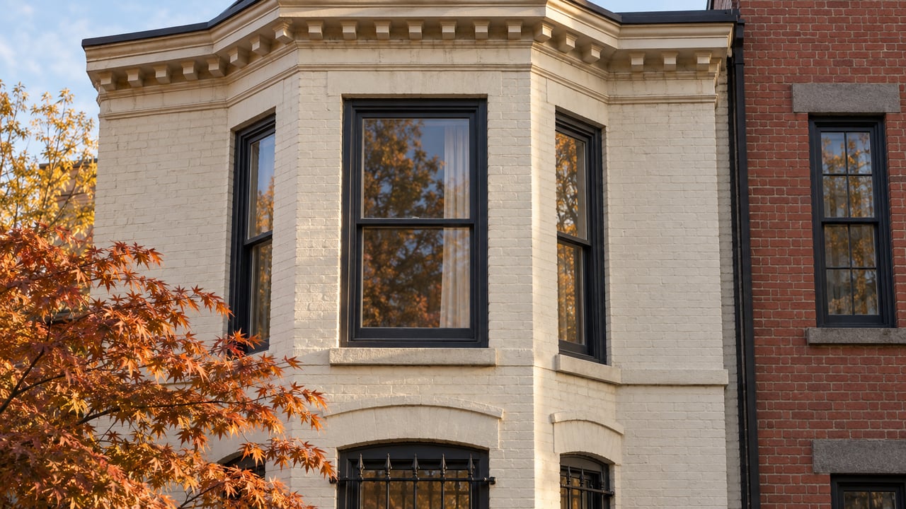 Cream-painted brick facade with three sash windows, dentil cornice, and copper-orange maple leaves.