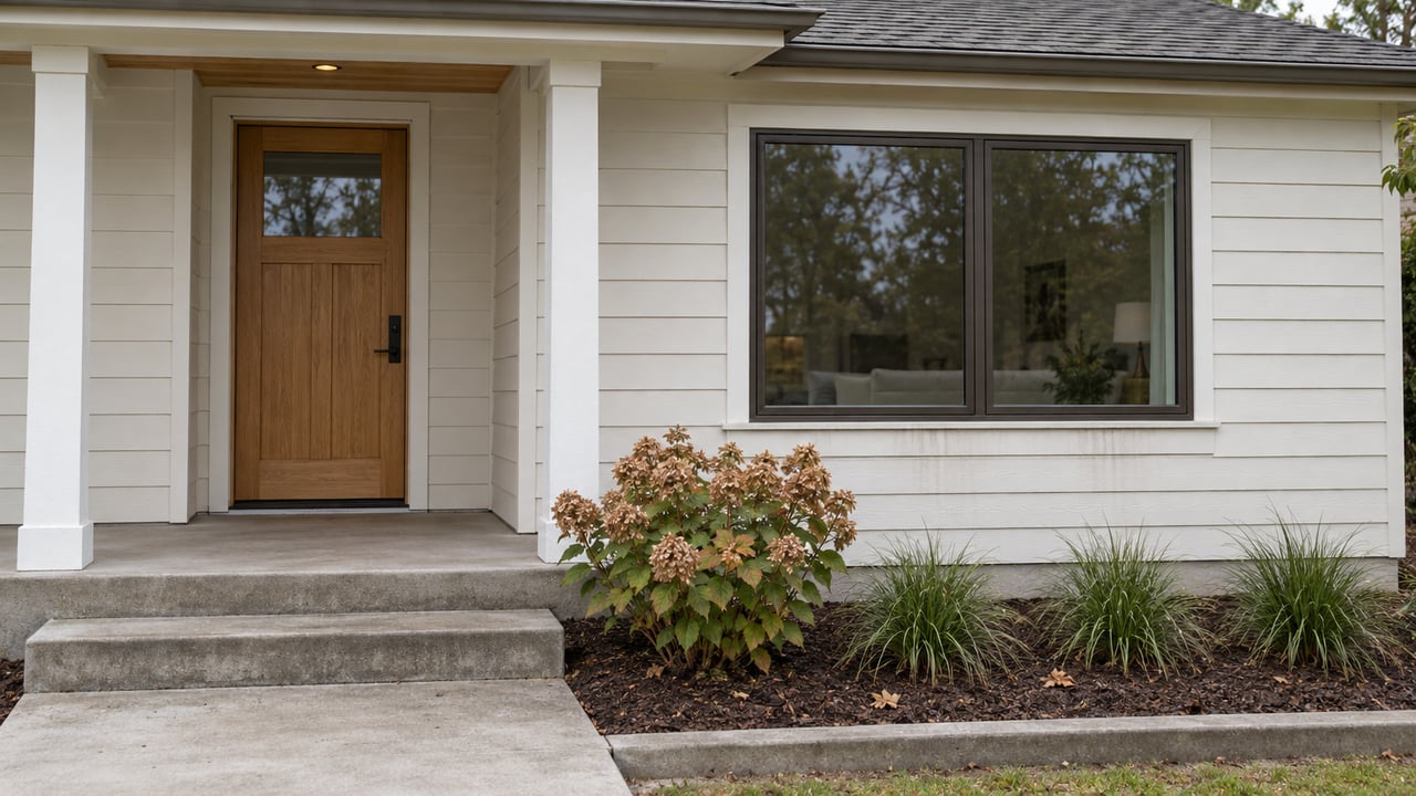 Cream-sided single-story home with a natural wood entry door, broad window, concrete porch steps and autumn hydrangea planting.