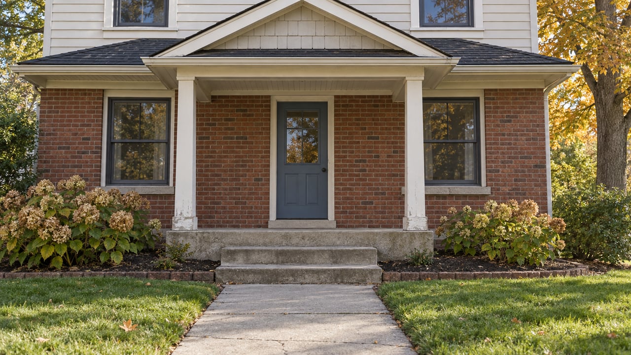 Morning light across a brick and cream-clapboard home's covered entry, concrete approach and autumn hydrangeas.