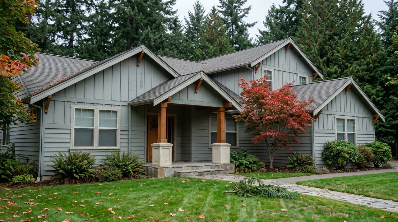 Sage-gray Craftsman home with a flagstone walk, scarlet Japanese maple, and dense evergreen trees behind it.