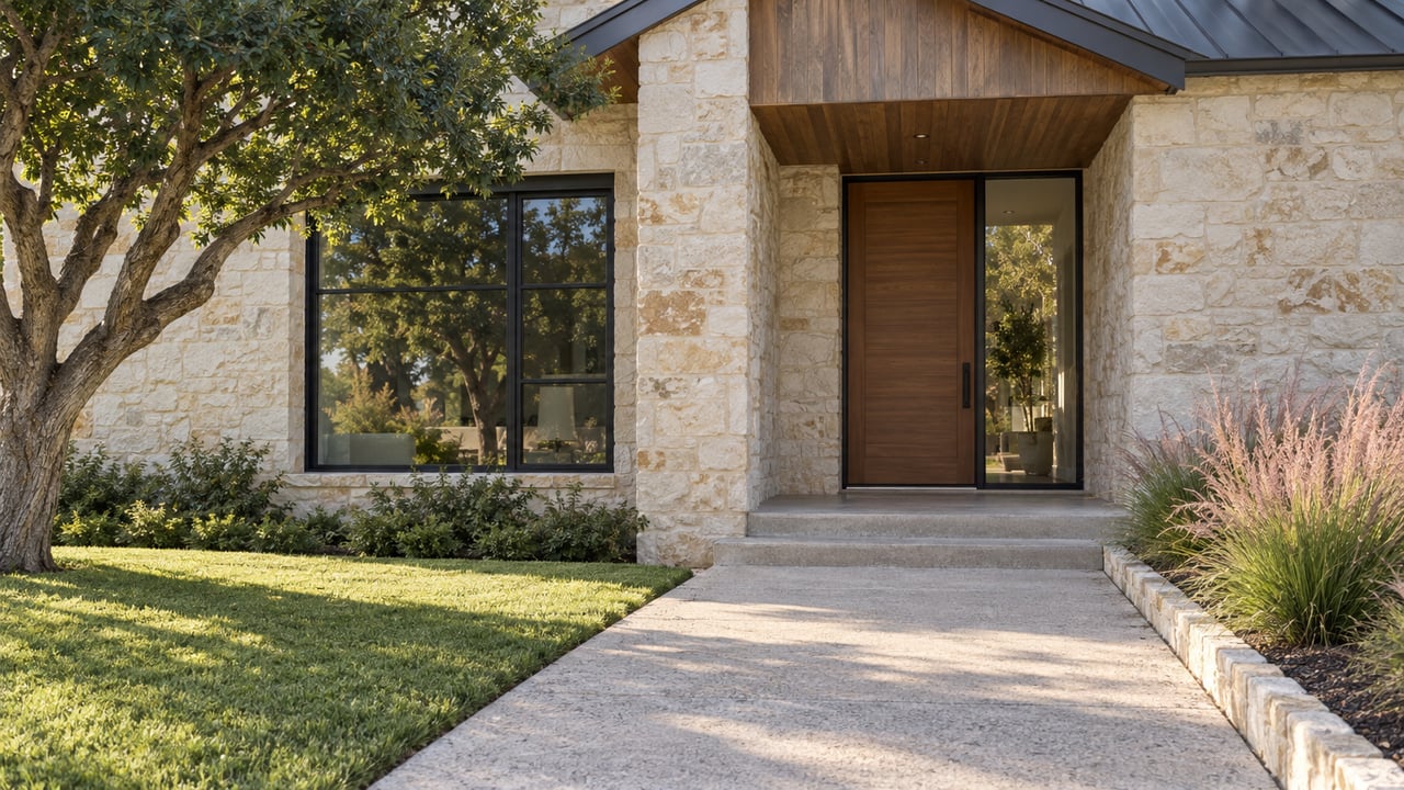 Limestone home entry with a cedar soffit, wood door, broad concrete walk, and sculptural tree.