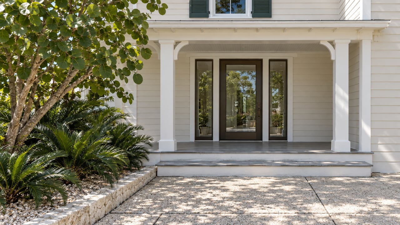 Cream clapboard home entrance with dark-green shutters, white porch brackets, shell-aggregate approach and sculptural sea grape planting.