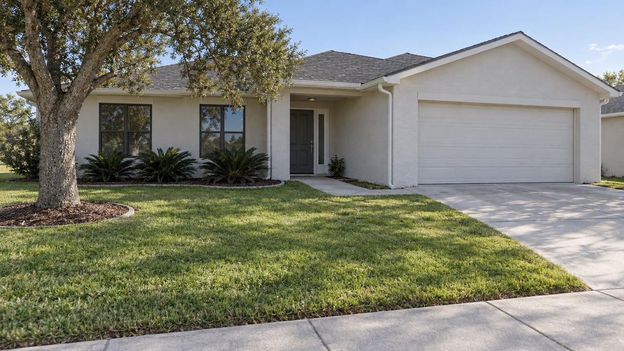 Light stucco home with a charcoal gabled roof, deep front lawn, live oak and concrete driveway in late-morning sunlight.