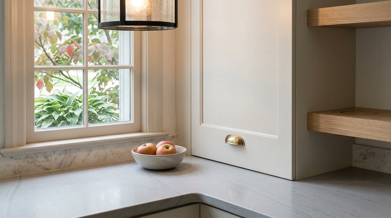 Kitchen counter, bowl of three apples, shaker cabinet, and glowing iron pendant.