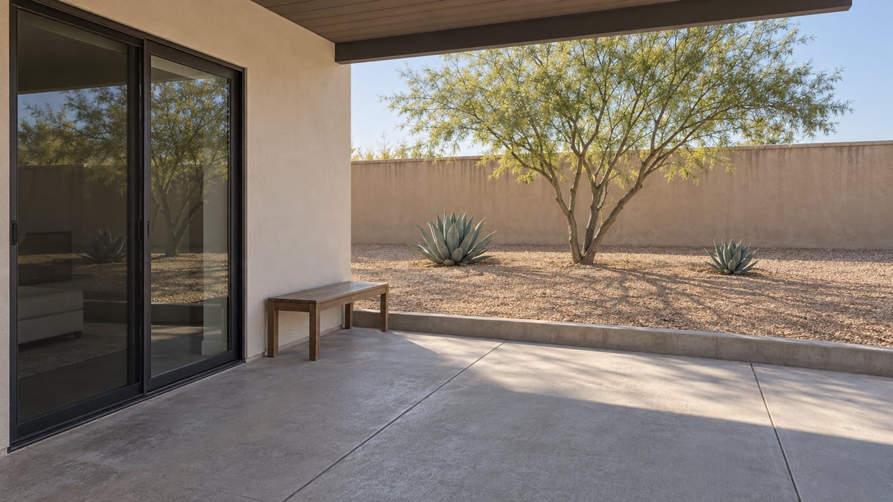 Covered concrete patio beside a cream stucco home, with a teak bench, closed black-framed sliding door, sculptural desert tree and two agaves in a gravel yard.