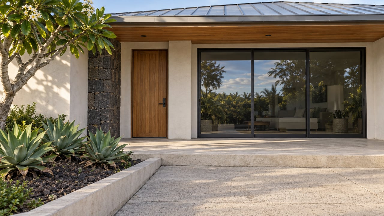 Wood entry door and closed bronze-framed sliding glass doors beneath a broad metal-roofed eave, with basalt masonry and a planted concrete approach.