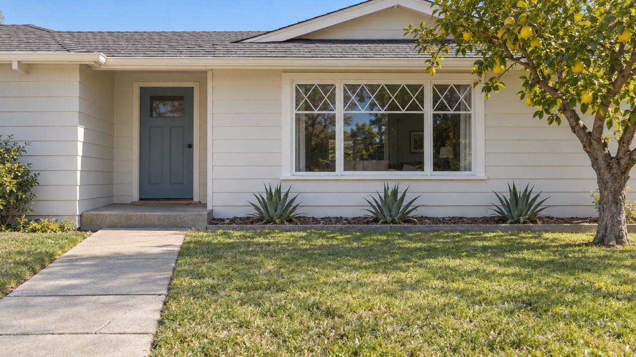 A modest cream lap-sided home with a blue front door, diamond-pane window, concrete approach, front lawn and a lemon tree in clear afternoon light.