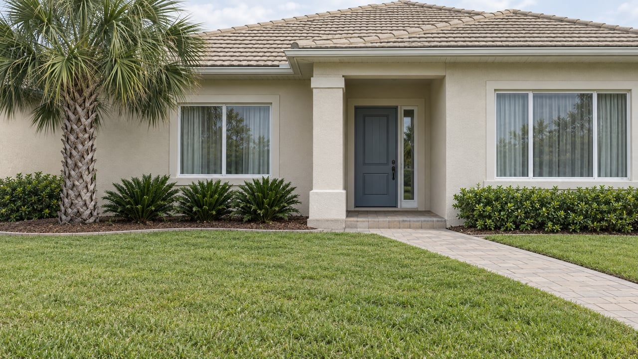 An ivory stucco home with a blue-gray front door, pale tiled roof, deep green lawn and a sculptural palm beside its covered entry.