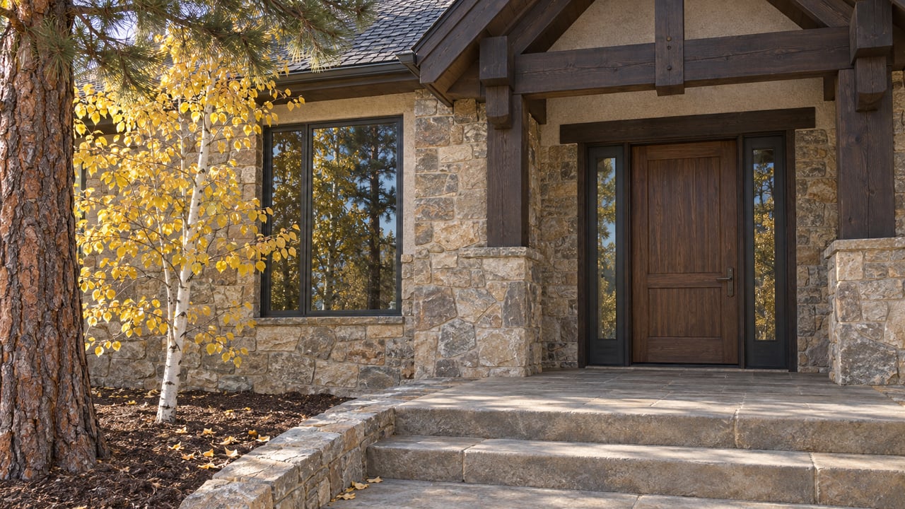 Sunlit stone and stucco estate entry with timber gable, walnut door and yellow aspen foliage.