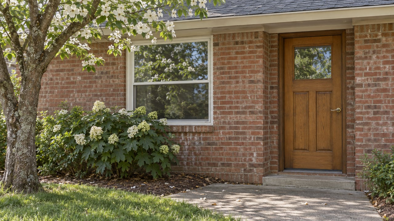 Brick ranch entry with a honey-brown door, broad white window, and dogwood canopy.