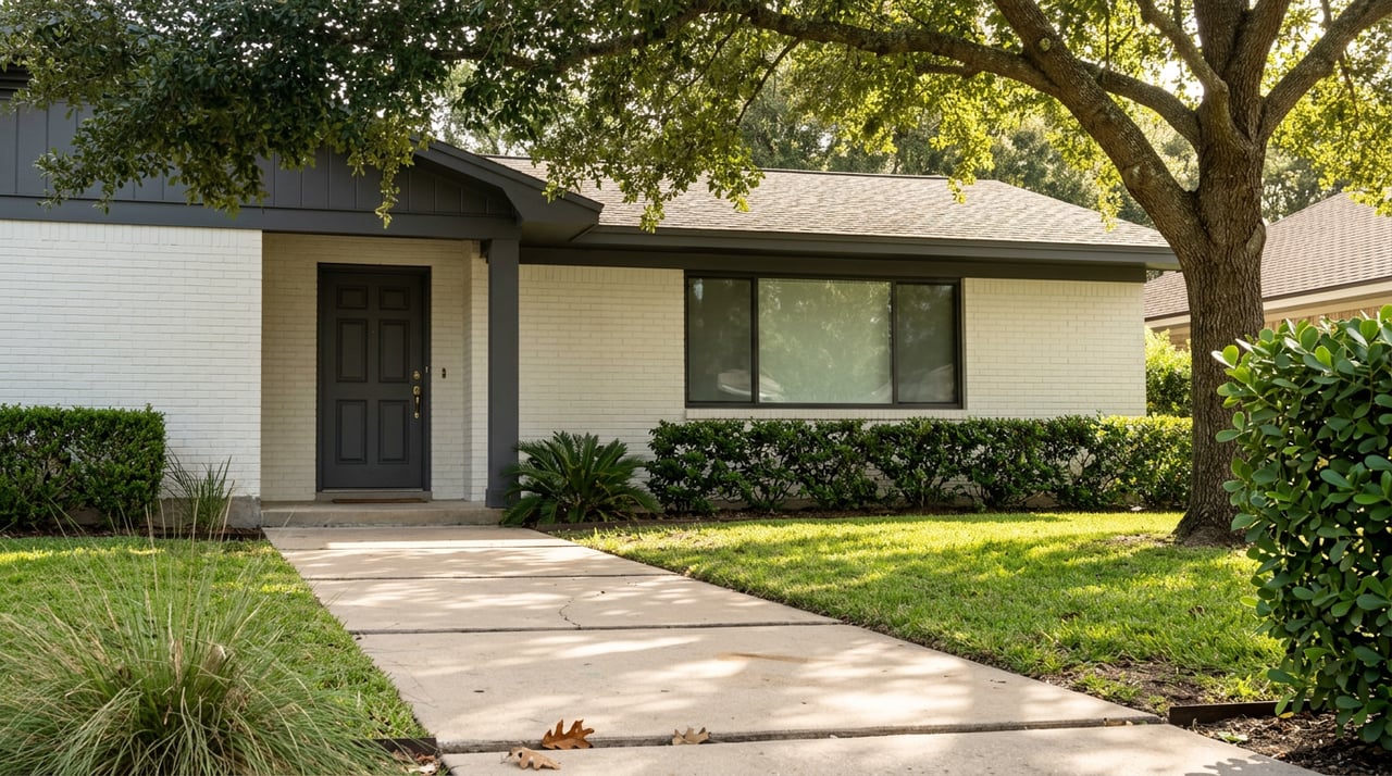 Concrete paver walk leads to an off-white ranch house beneath a mature live oak canopy.