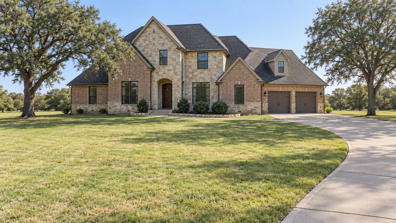 Brick and limestone home with steep gables beyond a deep lawn, a curved concrete approach and two mature oak trees.