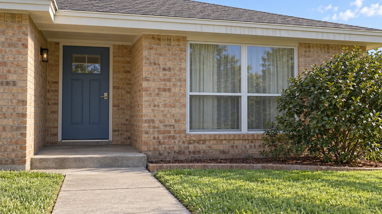 Brick home entrance with a dark blue door, large window, concrete walkway and green lawn.
