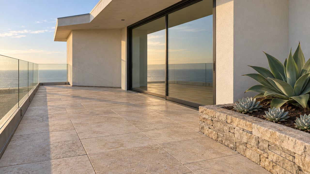 Limestone terrace beside cream stucco walls, closed glass doors, and a stone-edged planting bed with agaves.