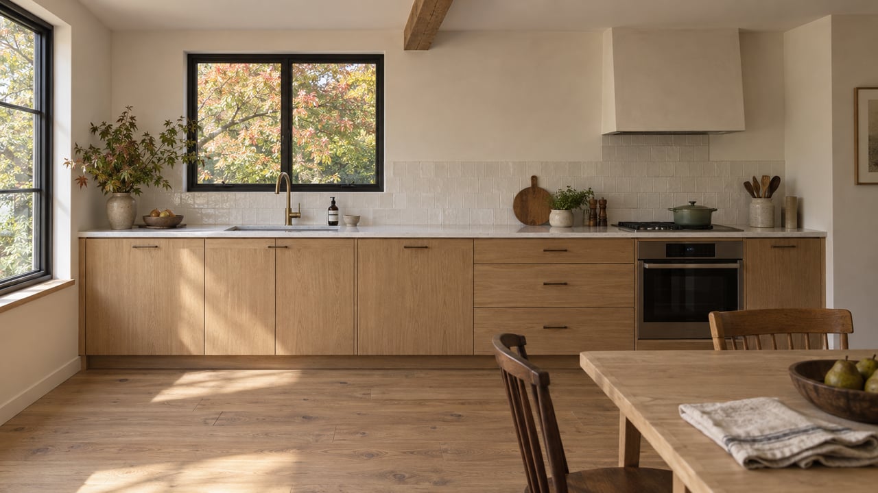 Open-plan kitchen and dining room with pale oak cabinets, black-framed window, table, and autumn tree.