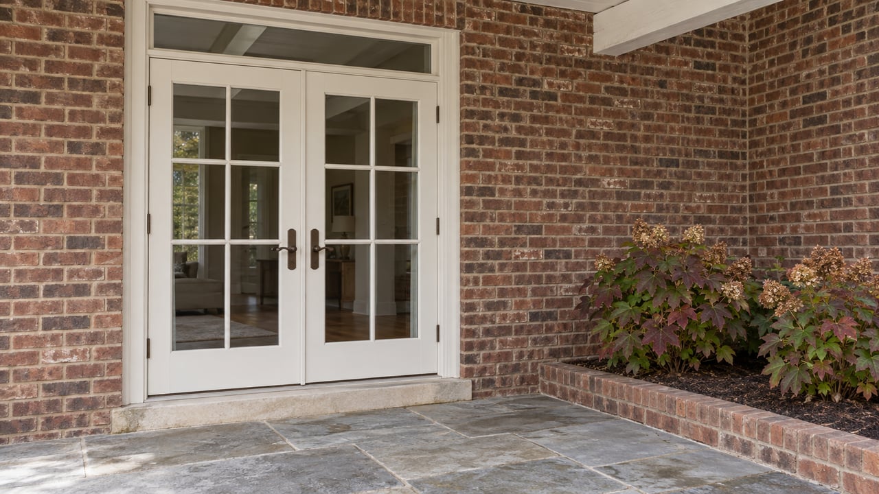 Paired white French doors set in weathered red-brown brick above a stone terrace, with autumn oakleaf hydrangeas in a brick-edged bed.
