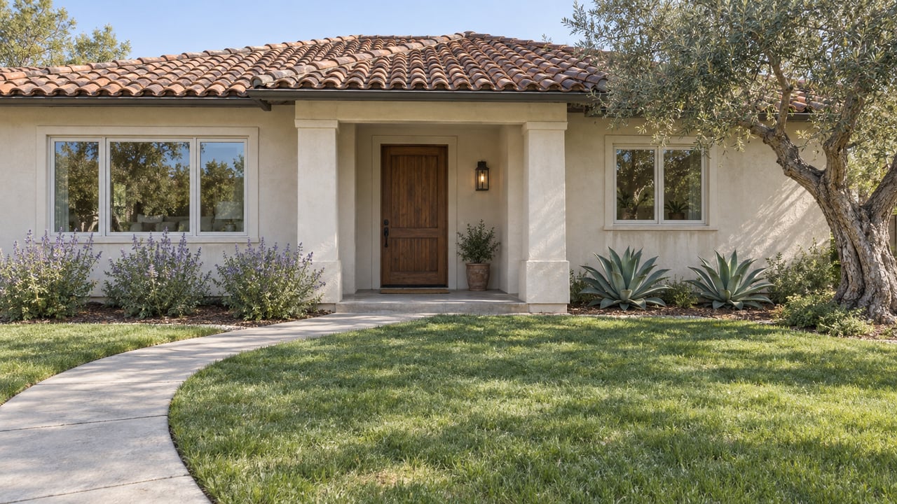 Sunlit stucco home with a terracotta tile roof, recessed front porch, olive tree and drought-tolerant planting beside a curved concrete walk.