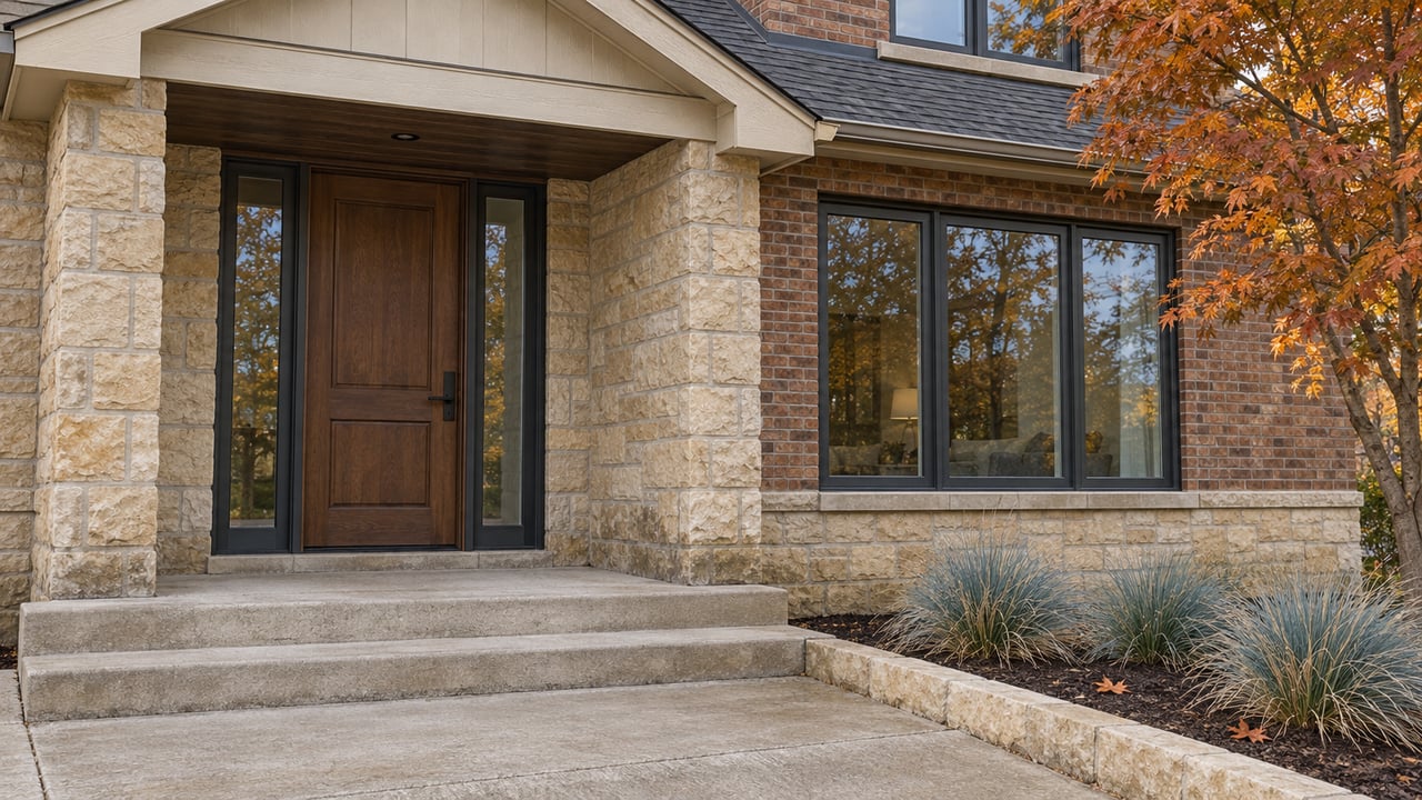 A walnut entry door with paired glass sidelights beneath a gabled porch, framed by weathered limestone, red-brown brick and a copper-leaved maple.