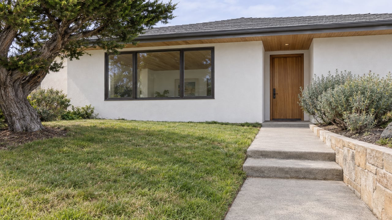 A single-story stucco home with a wood entry, broad windows, concrete garden walk and a wind-shaped cypress.