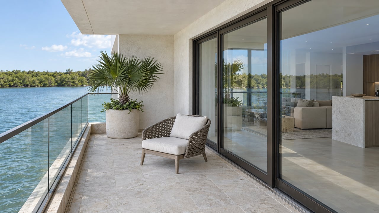Condo balcony with a woven lounge chair, glass doors, and a narrow view of water beyond the glass railing.