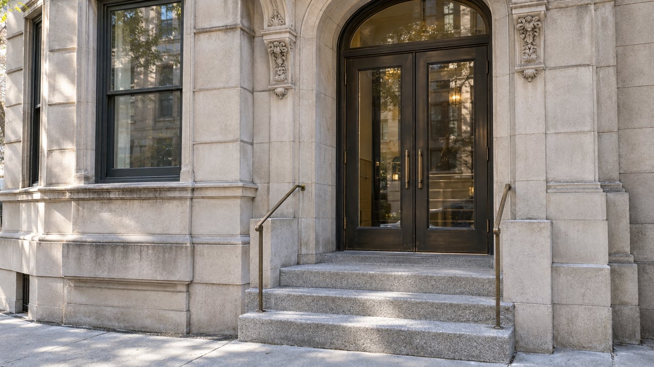 Pale carved limestone surrounds paired bronze-and-glass residential doors above worn granite steps in crisp daylight.