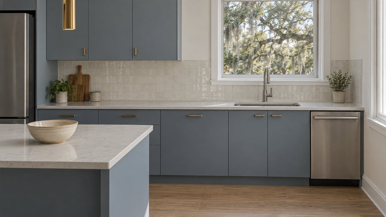 Compact kitchen with blue-gray cabinets, pale quartz counters, brass hardware and light oak flooring beside a closed window overlooking live-oak branches.