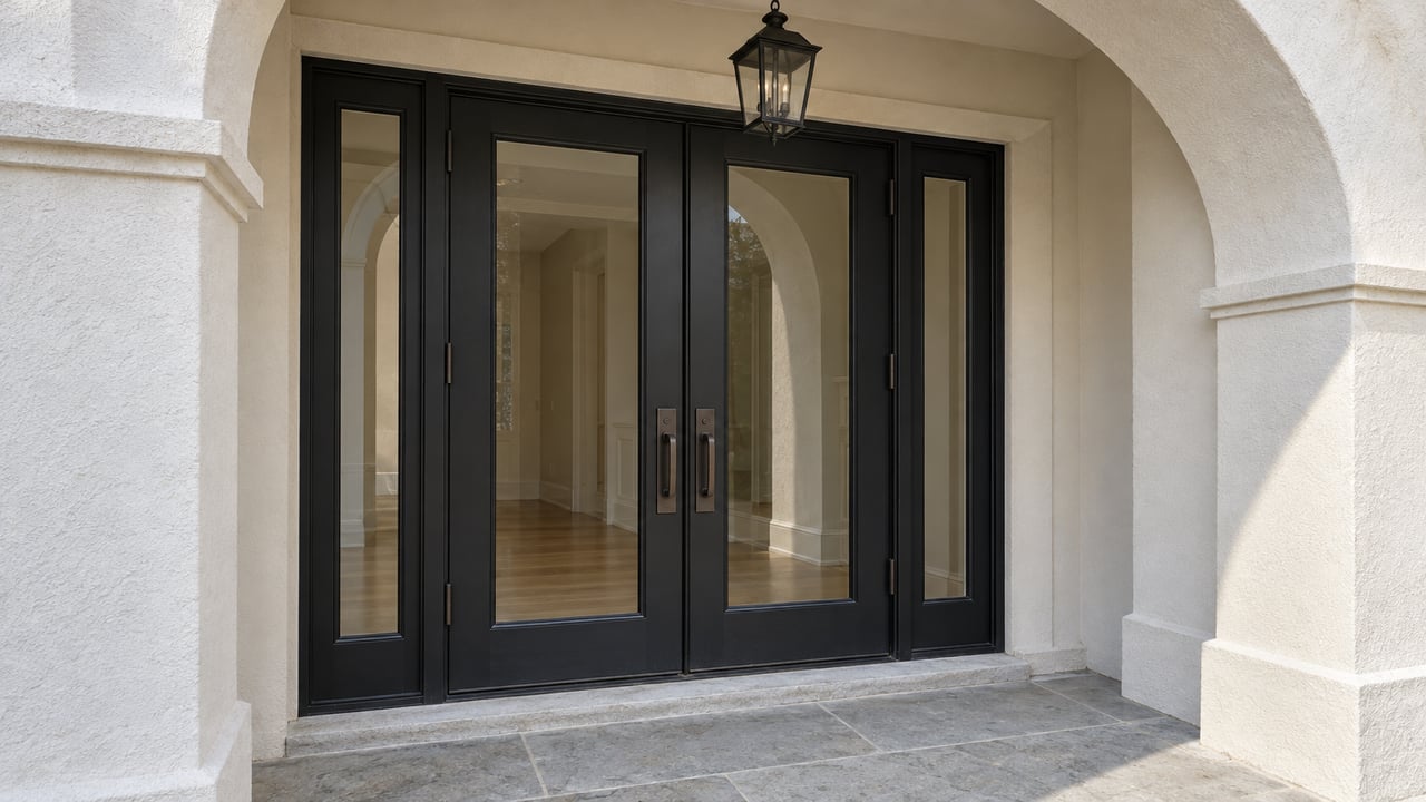 White stucco arched entry with a black hanging lantern, paired glazed doors and a worn gray limestone landing.