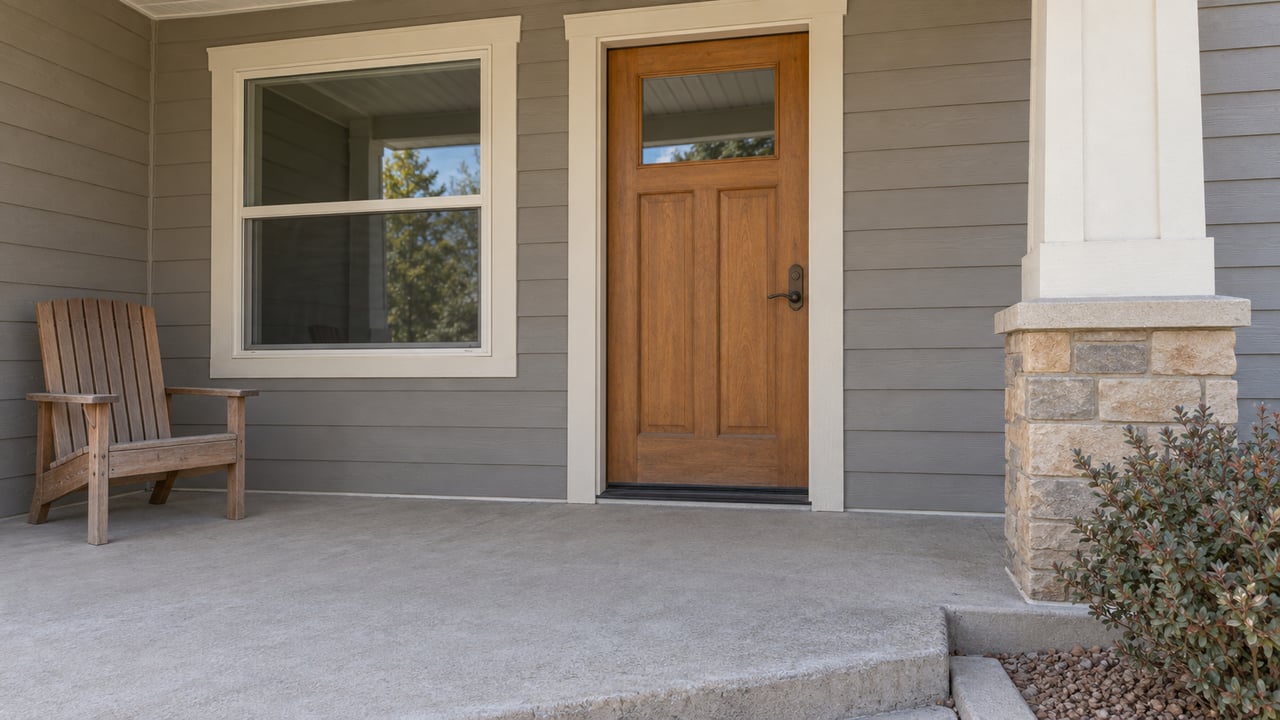 Covered residential entry with a honey-brown wood door, cream-trimmed window, sandstone column base, and weathered cedar chair.