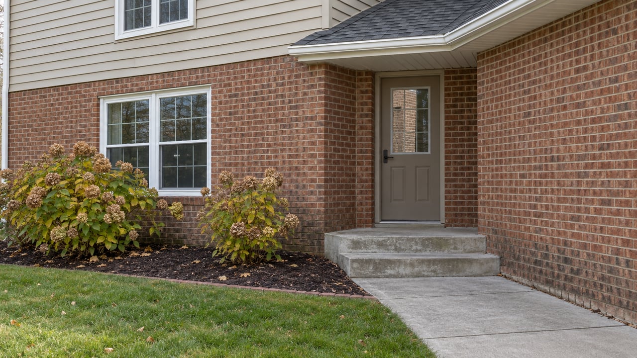 Brick and beige-sided home with a sheltered side entrance, concrete steps and hydrangeas in an autumn planting bed.