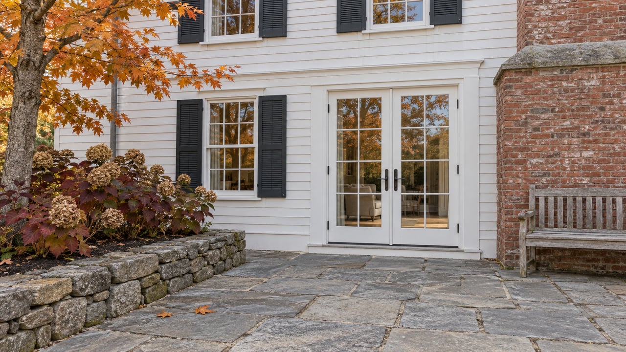 White clapboard home with glazed terrace doors, red brick chimney, weathered teak bench and gray granite paving beside autumn maple and oakleaf hydrangeas.