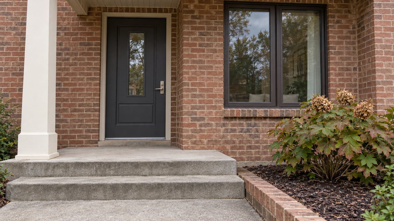 Brick home entrance with a charcoal door, bronze-framed window, concrete steps and oakleaf hydrangea.
