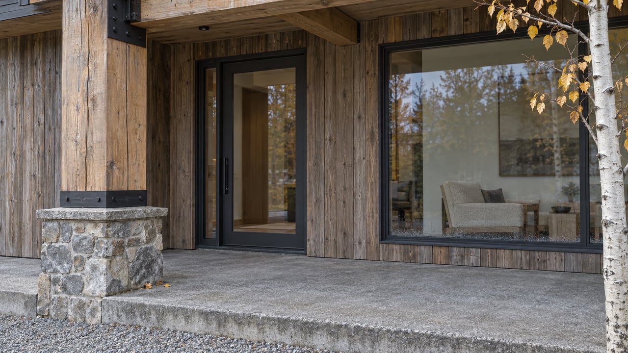 Close view of a sheltered timber entry with gray stone, weathered cedar, charcoal-framed glazing and sparse golden aspen leaves.