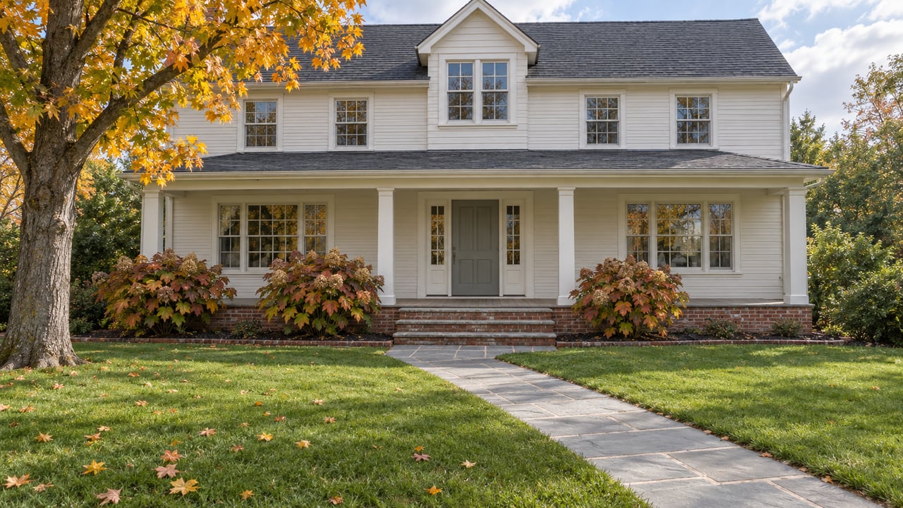An off-white gabled home with a raised front porch, brick steps and bluestone walk across a deep lawn beneath autumn maple leaves.
