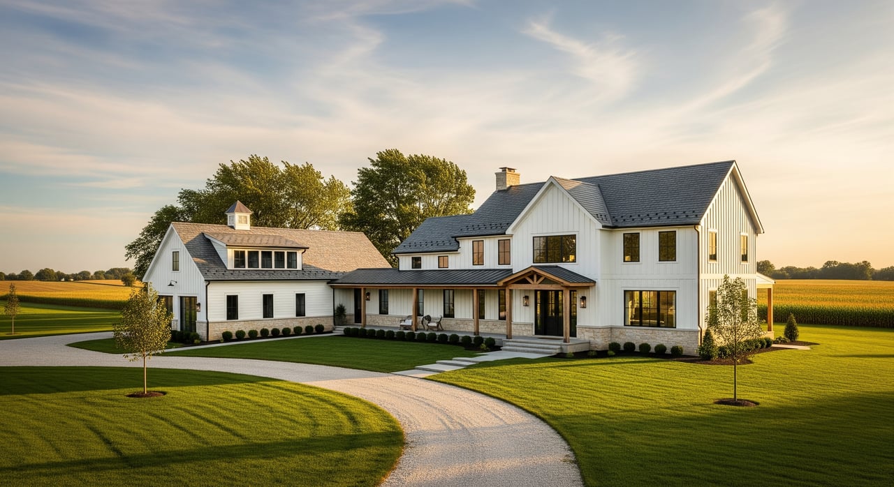 Large white farmhouse with dark roofs, a curved gravel driveway, and neatly mown lawn.