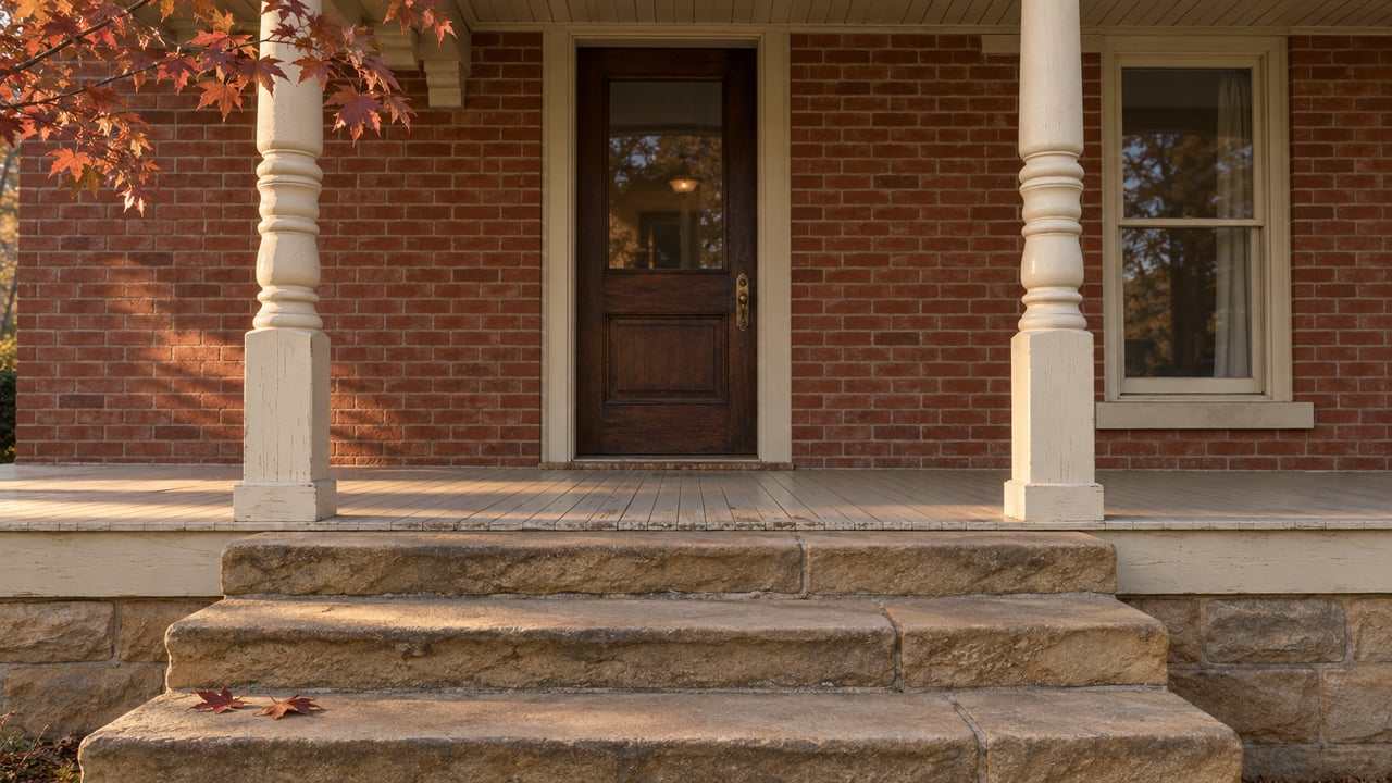 Evening light grazes worn sandstone steps beneath a cream timber porch on a red-brick historic home.