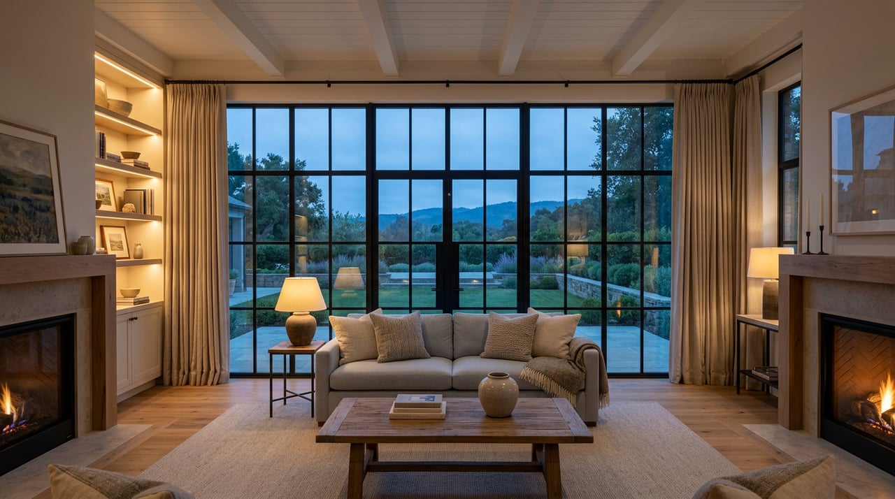 Living room with a black steel window wall, gray sofa, brass lamp, and blue dusk sky beyond.