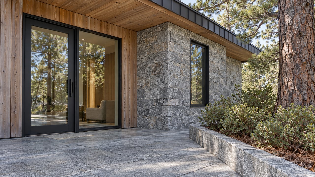 Contemporary cedar and granite home with a broad stone entry landing, black-framed glazing and a mature pine.