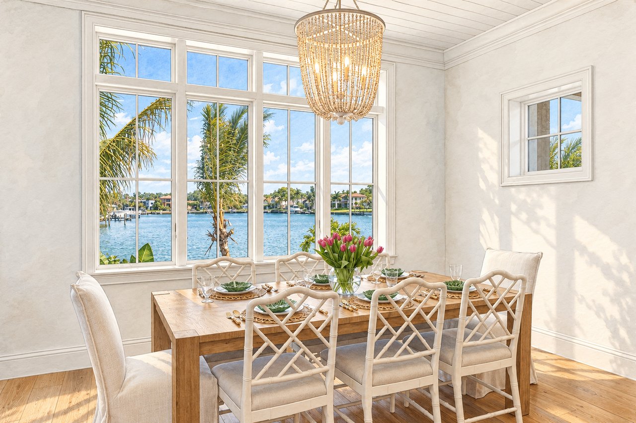 Dining room with a set wooden table, chandelier, and large windows overlooking the water.