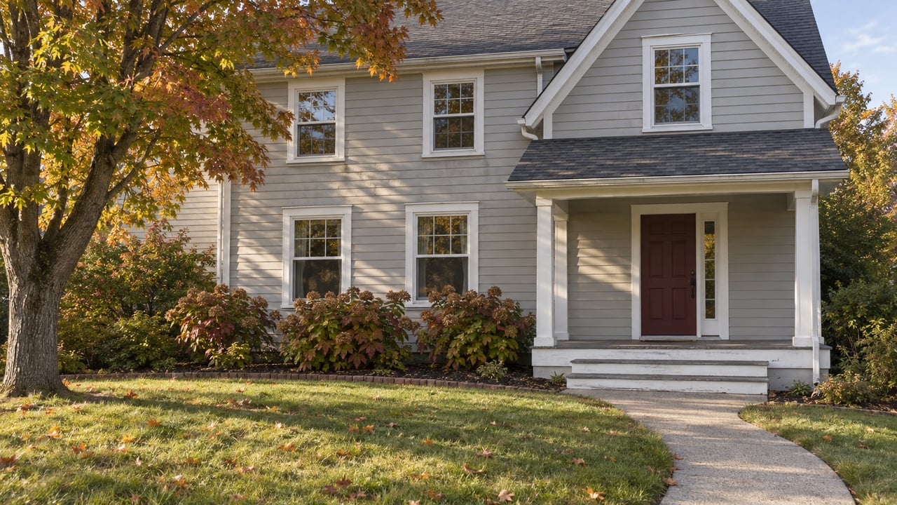Gray two-story house with a red front door, covered porch, and autumn trees.