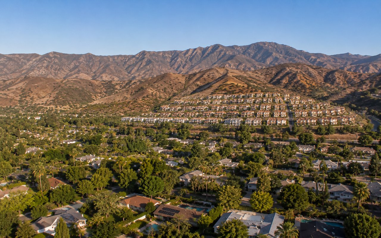 Aerial view of north San Fernando Valley homes below the Santa Susana foothills near Porter Ranch and Granada Hills