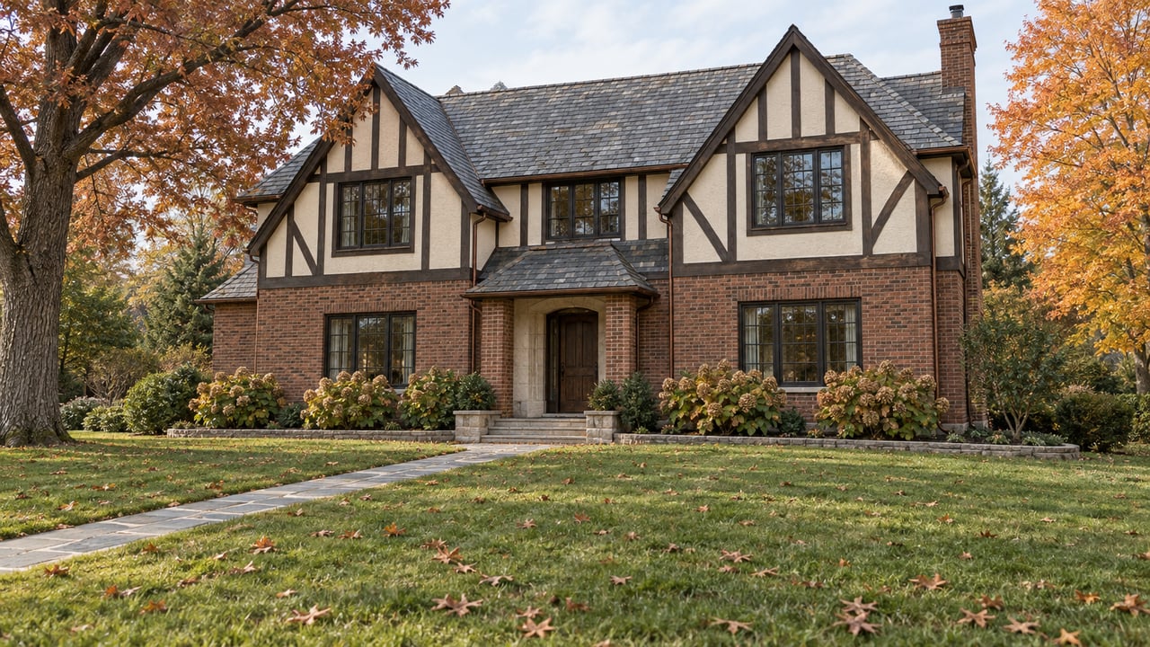 Brick and half-timber home beyond a deep autumn lawn, framed by oak and sugar maple foliage.