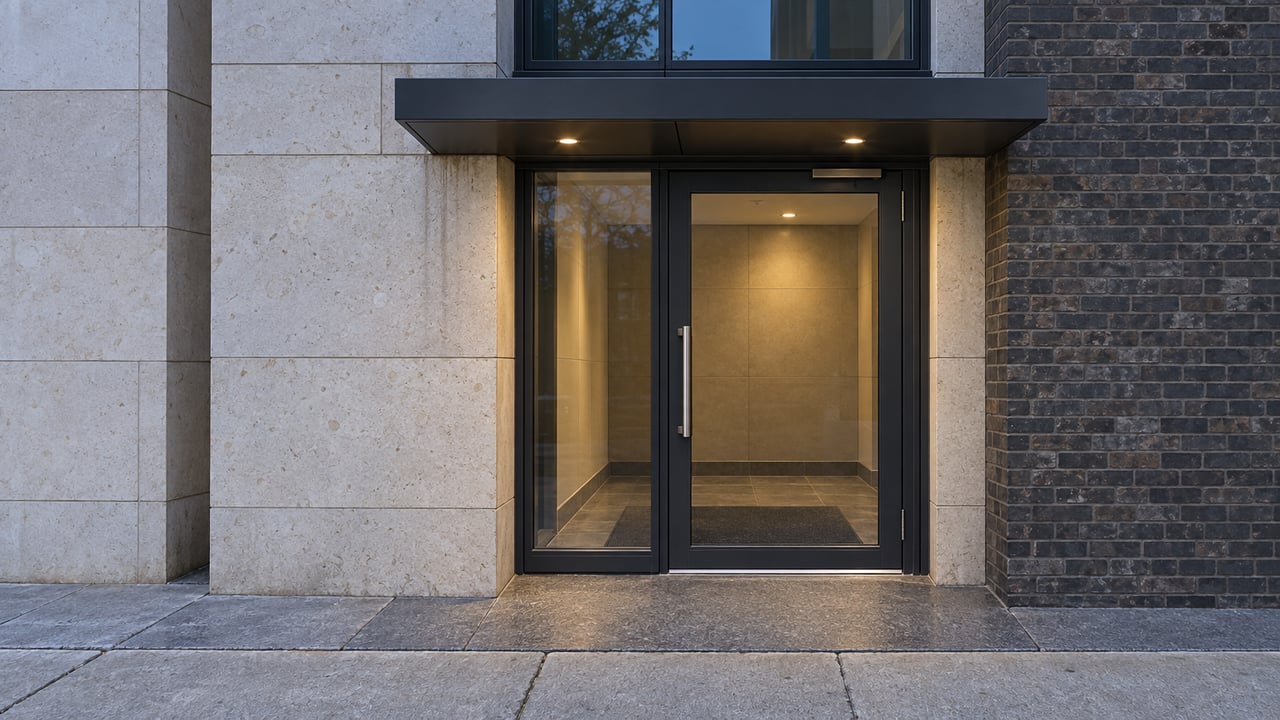 Close view of a limestone and dark-brick residential entrance with black-framed glazing, a shallow metal canopy and warm light inside the enclosed vestibule.