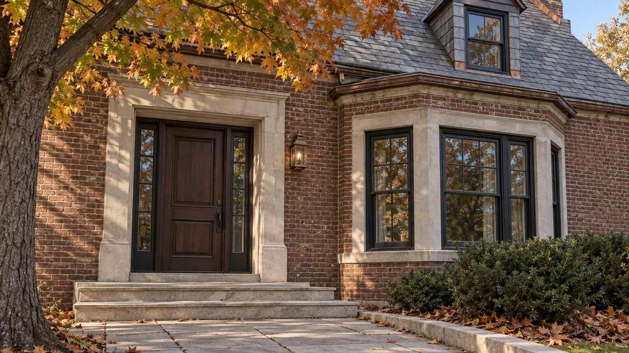 Autumn maple leaves above an aged brick home with a limestone entrance, oak door and black-painted bay windows.
