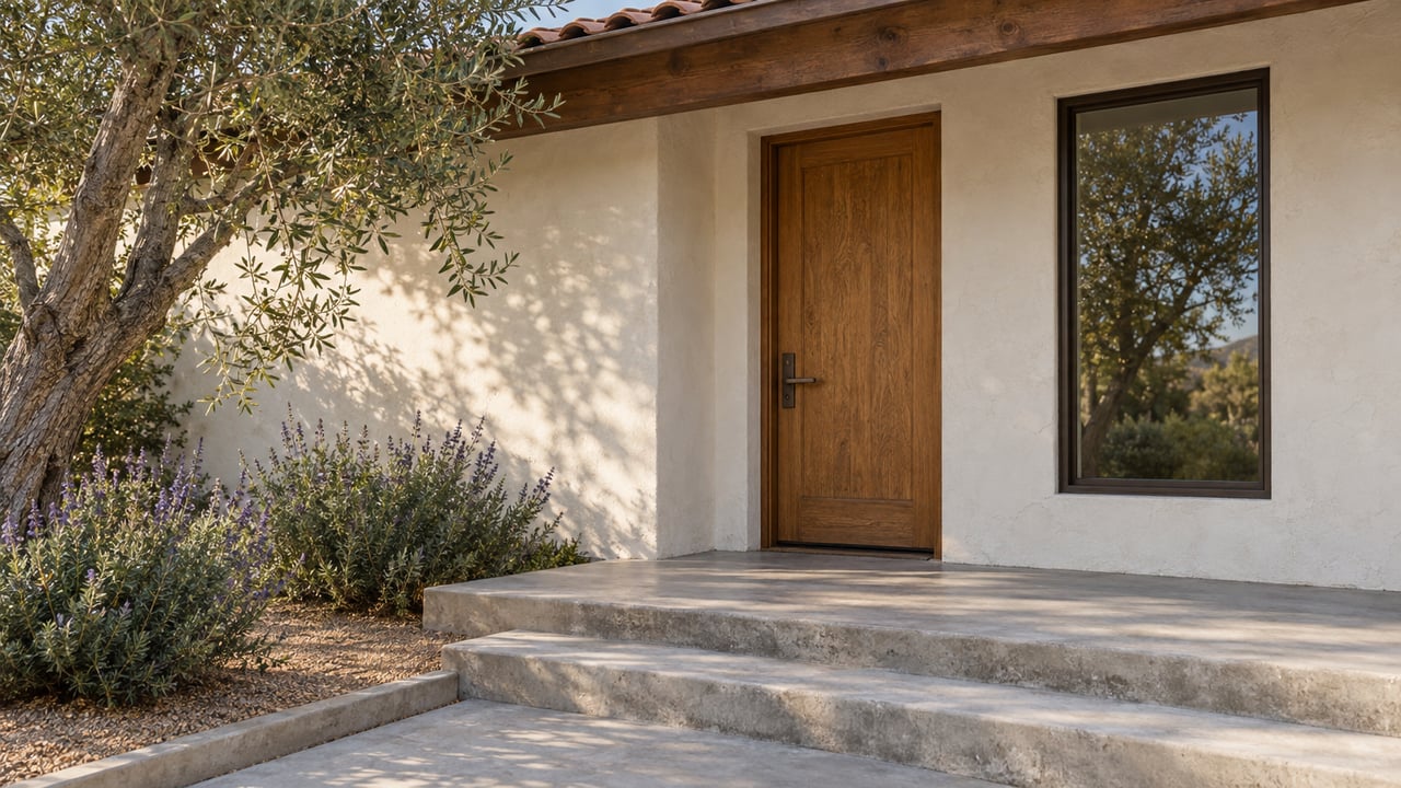 Recessed oak entry door and bronze-framed window beneath a timber eave, beside an olive tree and concrete steps.
